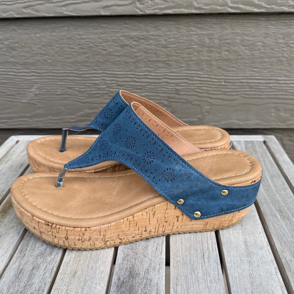 Denim Style Platform Wedge Sandals Cork Sole Size 40